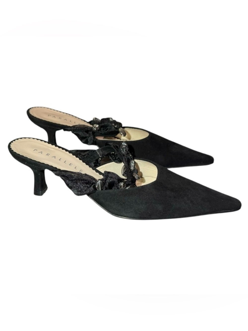 PARALLÈLE Paris Black Suede Heeled Mules Slip-On Shoes Size 7